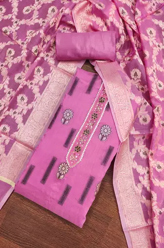 Women's pink heavy neck tie handwork banarasi chanderi silk dress material