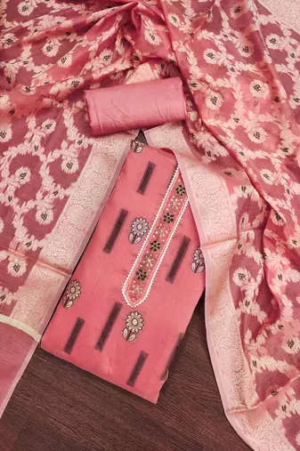 Women's peach heavy neck tie handwork banarasi chanderi silk dress material