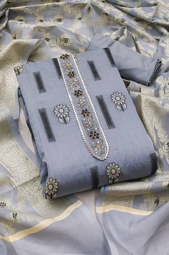 Women's grey unstitched heavy neck tie handwork banarasi chanderi silk dress material 