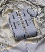 Women's grey heavy neck tie handwork banarasi chanderi silk dress material