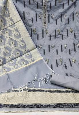 Women's grey heavy neck tie handwork banarasi chanderi silk dress material 2