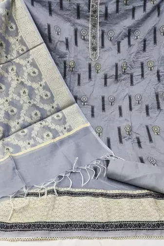 Women's grey heavy neck tie handwork banarasi chanderi silk dress material