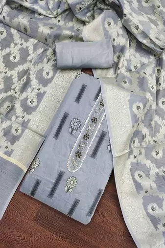 Women's grey heavy neck tie handwork banarasi chanderi silk dress material