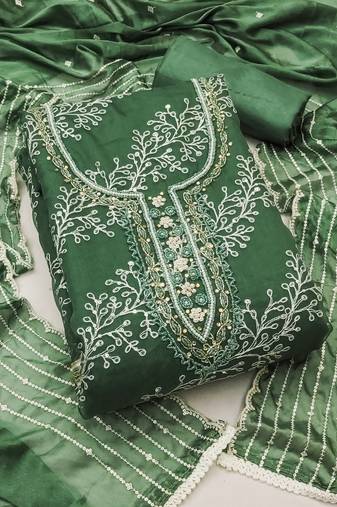 Women's sea green unstitched position print embroidery viscos organza dress material 