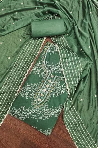 Women's sea green position print embroidery viscos organza dress material