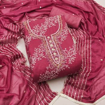 Women's pink position print embroidery viscos organza dress material 1