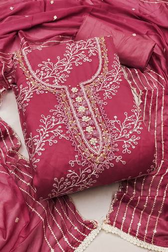Women's pink unstitched position print embroidery viscos organza dress material 