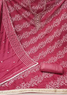 Women's pink position print embroidery viscos organza dress material 2