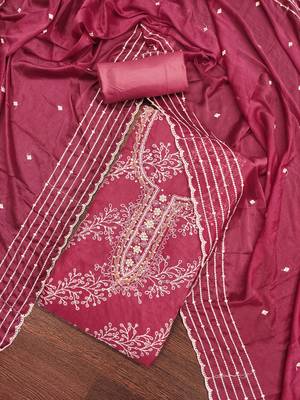Women's pink position print embroidery viscos organza dress material 4