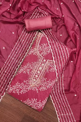 Women's pink position print embroidery viscos organza dress material