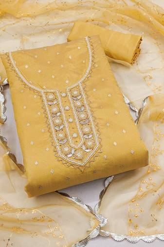 Women's yellow unstitched handwork and border organza jacquard dress material 