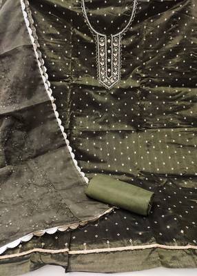 Women's green handwork and border organza jacquard dress material 2