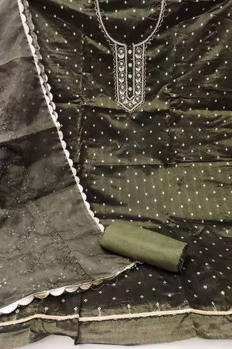 Women's green handwork and border organza jacquard dress material