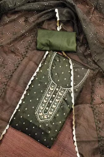 Women's green handwork and border organza jacquard dress material