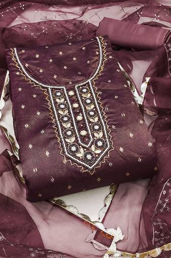 Women's wine unstitched handwork and border organza jacquard dress material 