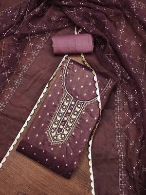Women's wine handwork and border organza jacquard dress material 4
