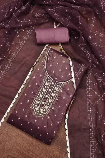 Women's wine handwork and border organza jacquard dress material