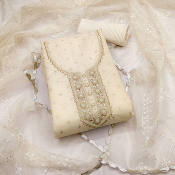 Women's white handwork and border organza jacquard dress material 1