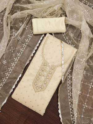 Women's white handwork and border organza jacquard dress material 4