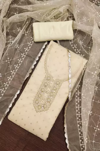 Women's white handwork and border organza jacquard dress material