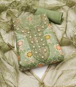 Women's green position print embroidery viscos organza dress material