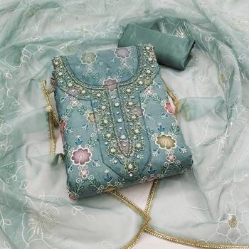 Women's teal unstitched position print embroidery viscos organza dress material  1