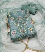 Women's teal unstitched position print embroidery viscos organza dress material 