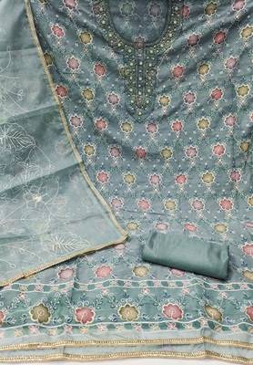 Women's teal unstitched position print embroidery viscos organza dress material  2