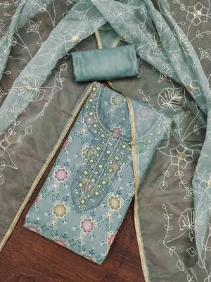 Women's teal unstitched position print embroidery viscos organza dress material  4