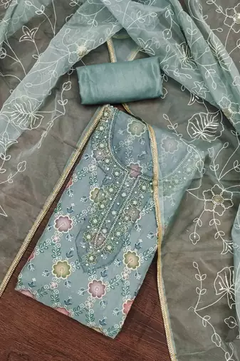 Women's teal unstitched position print embroidery viscos organza dress material 