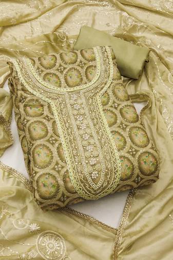 Women's olive unstitched position print embroidery viscos organza dress material 