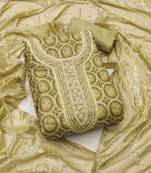 Women's olive unstitched position print embroidery viscos organza dress material