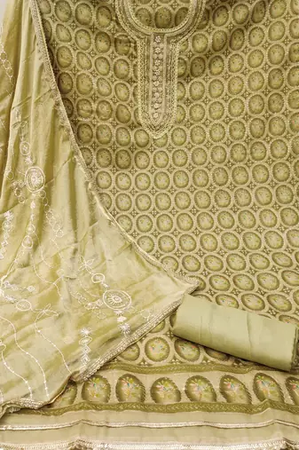 Women's olive position print embroidery viscos organza dress material