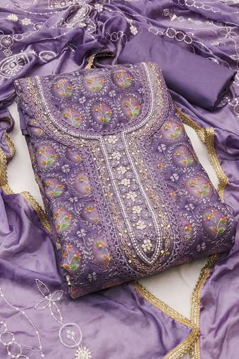 Women's lavender unstitched position print embroidery viscos organza dress material 