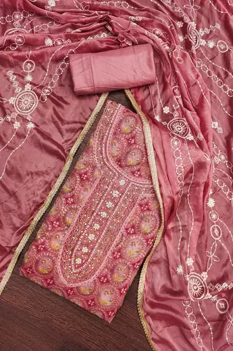 Women's rust position print embroidery viscos organza dress material