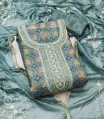 Women's teal unstitched position print embroidery viscos organza dress material