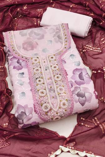 Women's baby pink unstitched position print embroidery viscos organza dress material 