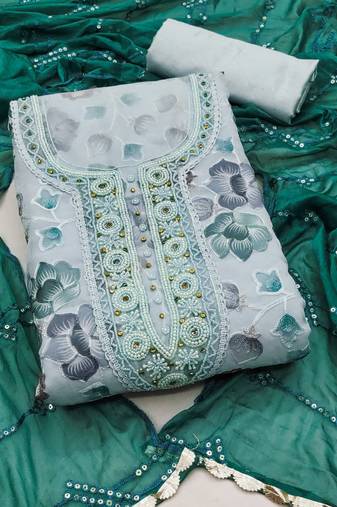 Women's blue unstitched position print embroidery viscos organza dress material 