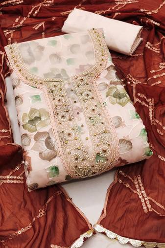 Women's peach unstitched position print embroidery viscos organza dress material 