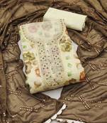 Women's yellow position print embroidery viscos organza dress material