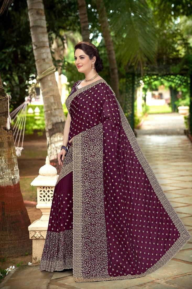 Trendmalls Purple Embroidered Silk Blend Party Wear Saree With Blouse