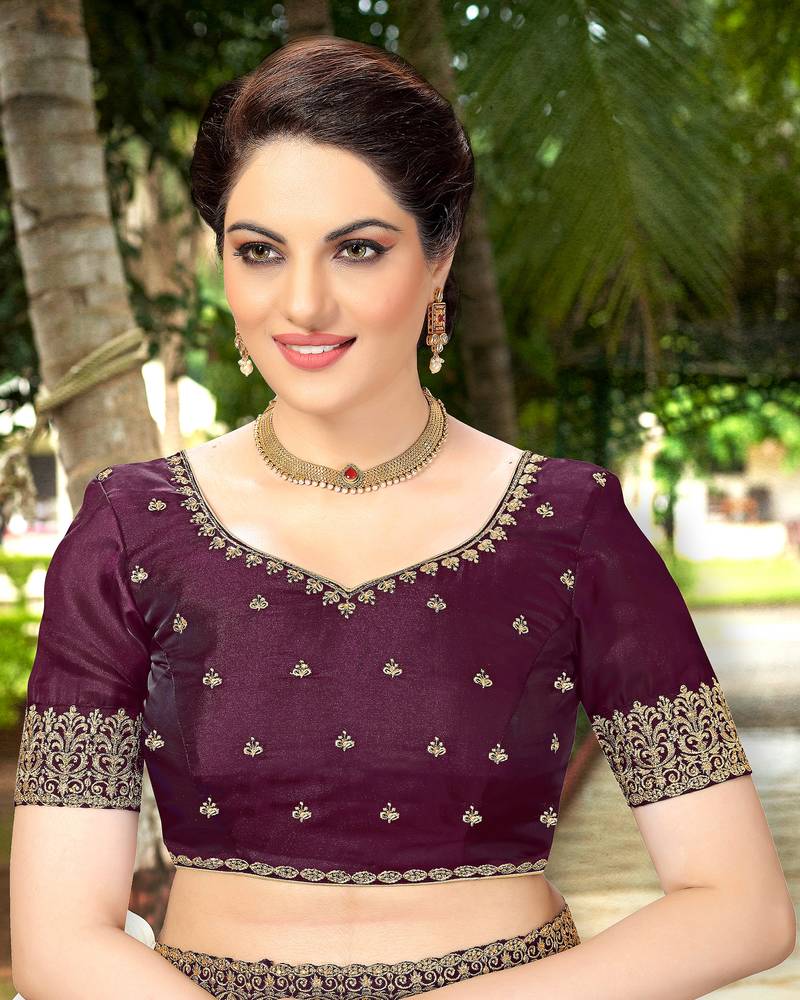 Trendmalls Purple Embroidered Silk Blend Party Wear Saree With Blouse