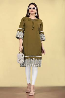 Women's cotton embroidered designer kurti, bell sleeves 1