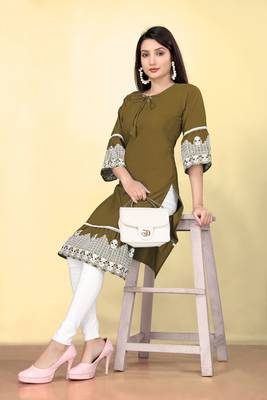Women's cotton embroidered designer kurti, bell sleeves 4