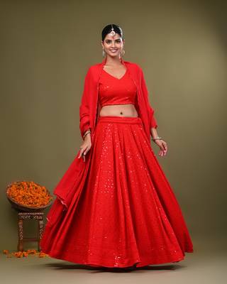 Red Rayon Chikankari Lehenga Set with Georgette Dupatta 1