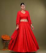 Red Rayon Chikankari Lehenga Set with Georgette Dupatta