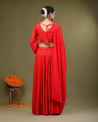 Red Rayon Chikankari Lehenga Set with Georgette Dupatta 3