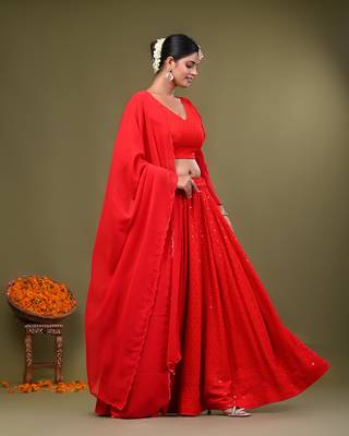 Red Rayon Chikankari Lehenga Set with Georgette Dupatta 4