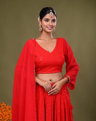 Red Rayon Chikankari Lehenga Set with Georgette Dupatta 5