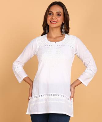 Ethnic motifs embroidered chikankari cotton short white kurti 1